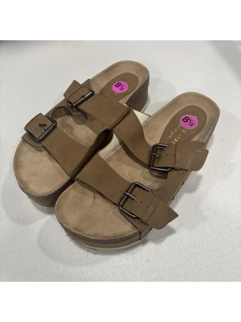 Altar d state Serenna platform Brown Wedge Slide Sandals Double Buckle US 8.5